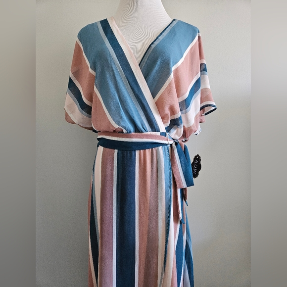 Striped V-Neck Wrap Dress - Blue and Pink - Picture 2 of 4